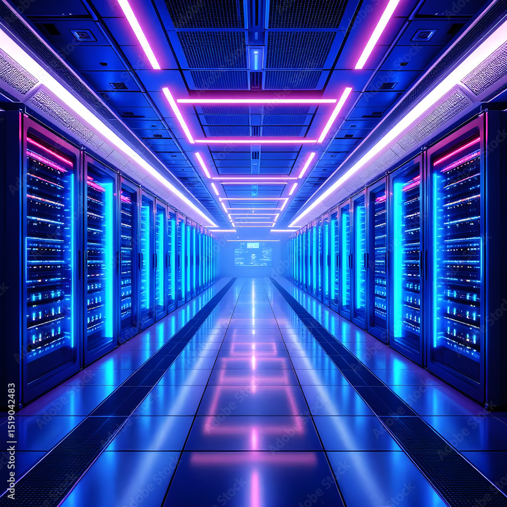 Fototapeta premium Futuristic Data Center with Glowing Server Racks