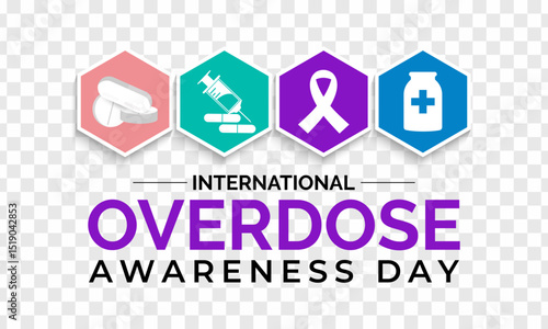 International Overdose Awareness Day. Unite for Prevention, Remember with Purpose. Syringe, pills, Medicine bottle, Capsules with powder or granules.. Purple Realistic ribbon. Banner poster, backgroud