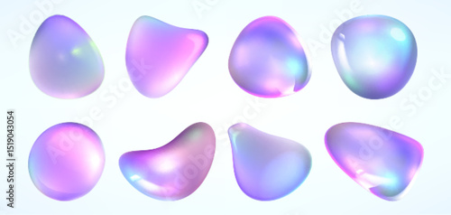 Holographic gradient drops - colorful abstract blobs in vivid pastel pink and purple, turquoise and blue hues. Iridescent liquid shapes. Bright decorative fluid elements, glossy vector bubbles.