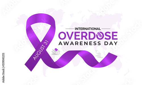 International Overdose Awareness Day. Unite for Prevention, Remember with Purpose. Syringe, pills, Medicine bottle, Capsules with powder or granules.. Purple Realistic ribbon. Banner poster, backgroud
