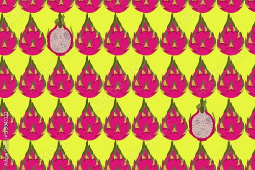 Seamless pattern of pink dragon fruits on a yellow background. Perfectly creates a summer tropical mood. Vector