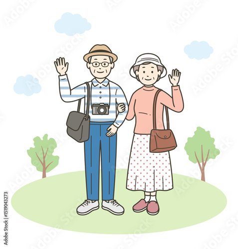 仲の良い老夫婦が旅行先で楽しんでいる全身イラスト