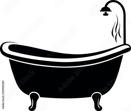 Elegant clawfoot bathtub with shower head and flowing water in monochrome vector silhouette 