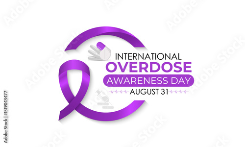 International Overdose Awareness Day. Unite for Prevention, Remember with Purpose. Syringe, pills, Medicine bottle, Capsules with powder or granules.. Purple Realistic ribbon. Banner poster, backgroud