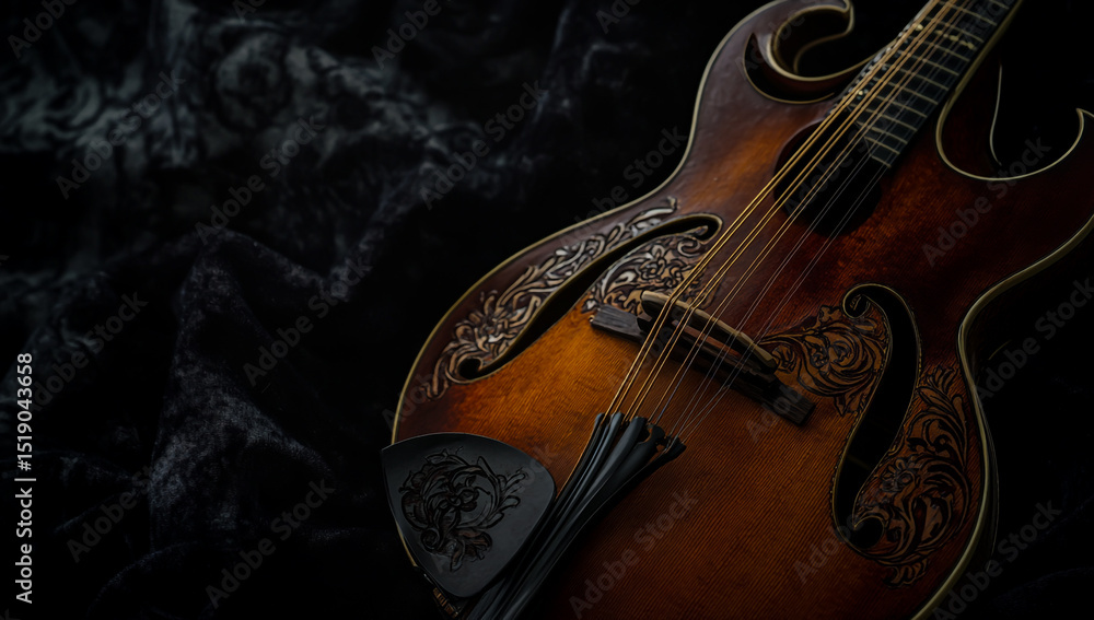 Obraz premium A close-up shot of an elegant, vintage mandolin, featuring intricate wood carvings, lying delicately on a rich, dark velvet cloth under soft, captivating light.