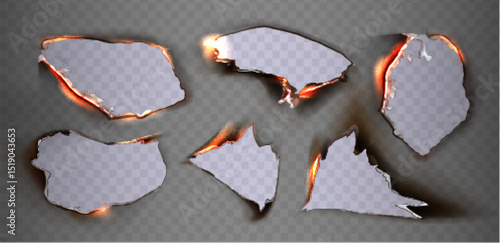 Set of burnt paper hole frames with realistic fire effects around edges. Torn scorched sheets silhouettes on transparent bg. Damaged parchment texture cutouts, ragged borders. Hot, danger concept.