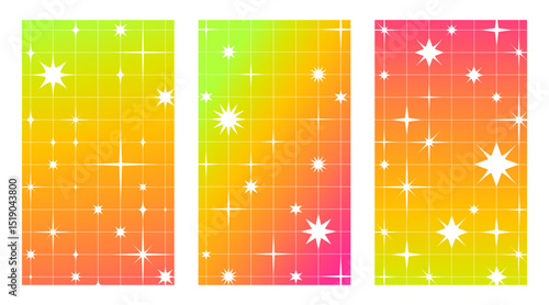 Retro star pattern set - bright y2k aesthetic backgrounds in neon gradient green, orange and pink. Playful grid layouts with twinkles, square tiles, geometric shapes. 90s wallpapers for party flyers.