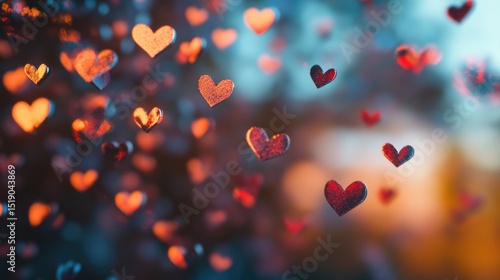 Colorful heart shapes float in a blurred background, creating a romantic atmosphere. The scene is vibrant and festive, ideal for love-themed projects.