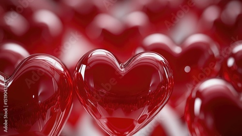 A close-up view of shiny red hearts arranged closely together. The hearts are glossy and vibrant, symbolizing love and affection.