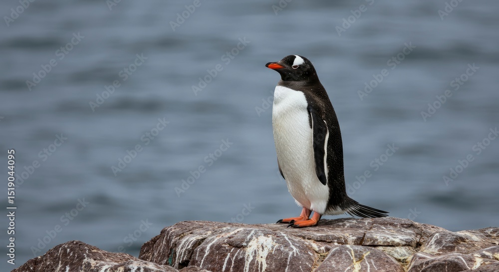 Fototapeta premium Gentoo Penguin: Serene Coastal Portrait, Striking Black and White