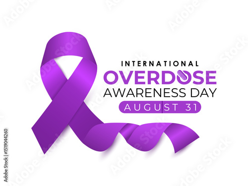 International Overdose Awareness Day. Unite for Prevention, Remember with Purpose. Syringe, pills, Medicine bottle, Capsules with powder or granules.. Purple Realistic ribbon. Banner poster, backgroud