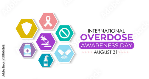 International Overdose Awareness Day. Unite for Prevention, Remember with Purpose. Syringe, pills, Medicine bottle, Capsules with powder or granules.. Purple Realistic ribbon. Banner poster, backgroud
