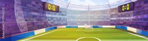 Cartoon soccer stadium interior with green field, white goal posts and net, digital scoreboards, circular arena with crowd stands, bright floodlights illuminating pitch for championship football match