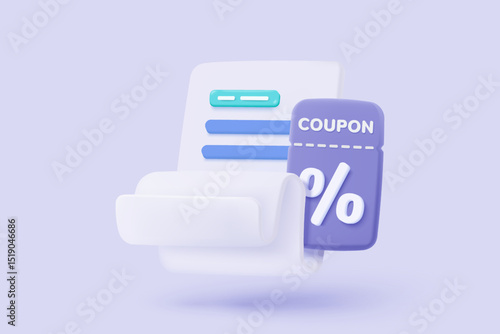 3D shopping cart with bill icon for payment transaction notice. paper receipt for shopping offer in store. Business invoice bill expenses idea concept. 3d invoice list icon vector render illustration