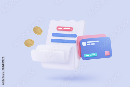 3D bill payment with credit card and financial for online shopping, payment credit card with alert notification. Invoice transaction with money coin. 3d receipt vector icon render illustration