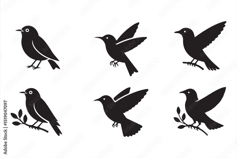 Fototapeta premium Black bird silhouettes in flight and perched, ideal for logo design, nature illustrations, and digital projects