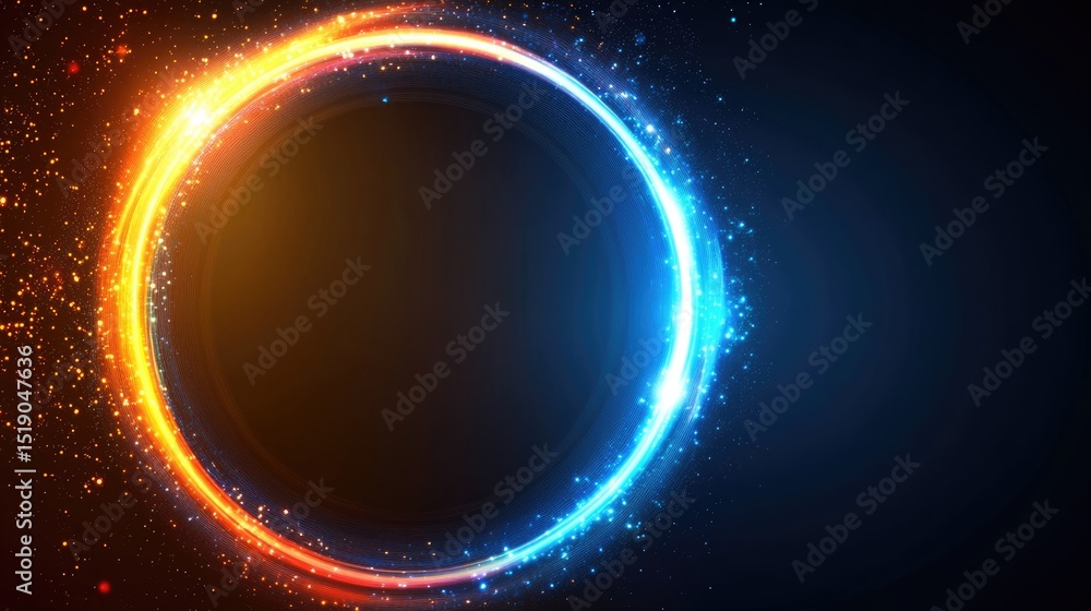 A glowing circular frame with blue and orange light effects on a dark background. The design creates a vibrant contrast, suitable for modern graphics. A glowing circular frame with blue and orange light effects on a dark background. The design creates a vibrant contrast, suitable for modern graphics.