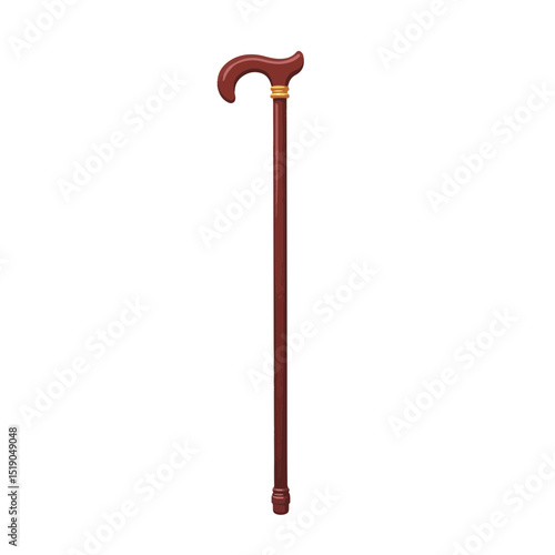 Elegant mahogany walking cane standing on white background, stability