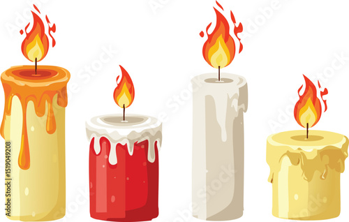 Vector Illustration of Four Lit Candles with Dripping Wax in Varying Shapes, Sizes, and Warm Colors on White Background