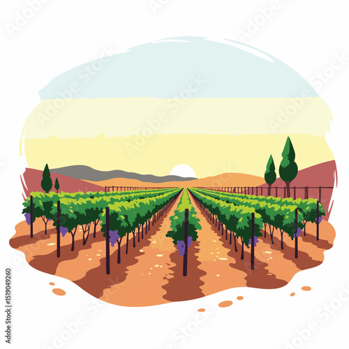 Vibrant vineyard landscape at sunset, symbolizing abundance