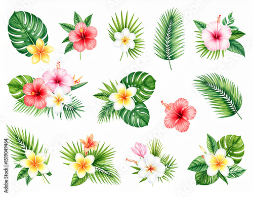 Tropical Watercolor Set of Flowers and Leaves – Exotic Botanical Illustration Collection