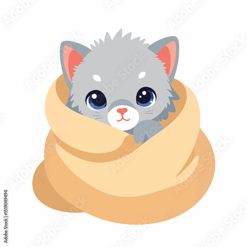 Fluffy kitten nestled in cozy shawl, warmth and comfort