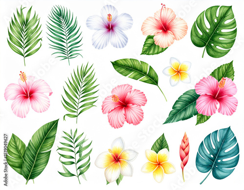 Tropical Watercolor Set of Flowers and Leaves – Exotic Botanical Illustration Collection