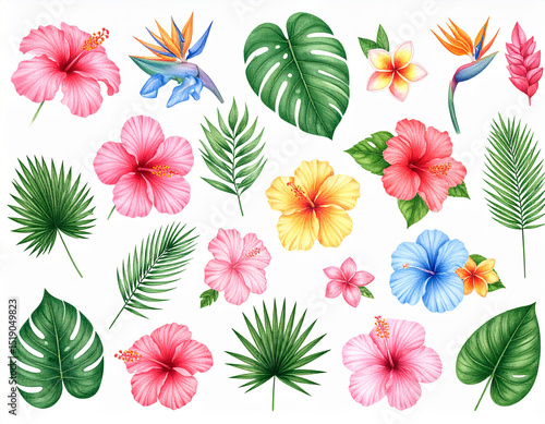 Tropical Watercolor Set of Flowers and Leaves – Exotic Botanical Illustration Collection
