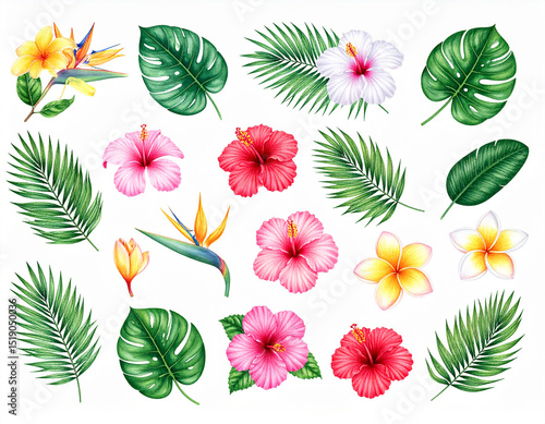 Tropical Watercolor Set of Flowers and Leaves – Exotic Botanical Illustration Collection