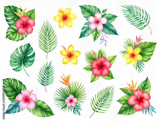 Tropical Watercolor Set of Flowers and Leaves – Exotic Botanical Illustration Collection