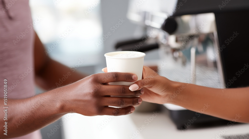 A barista hands a cup of coffee to a young black man in a cozy cafe setting, showcasing a friendly moment of service and connection A barista hands a cup of coffee to a young black man in a cozy cafe setting, showcasing a friendly moment of service and connection