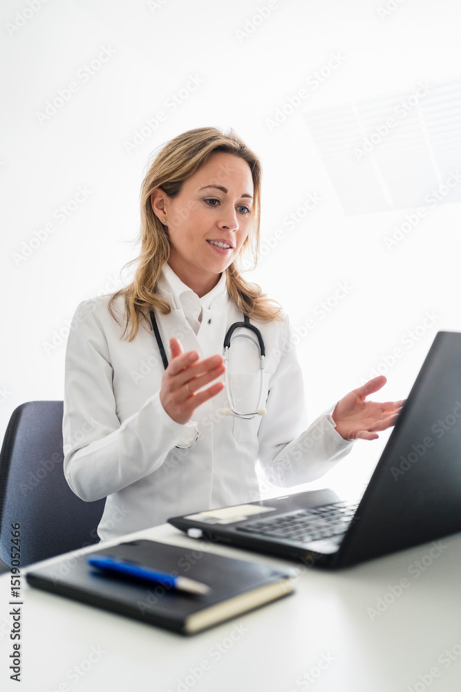 Female doctor gesturing during video consultation through laptop at desk Female doctor gesturing during video consultation through laptop at desk