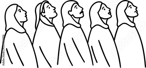 Five women in hooded robes looking upward simple line art