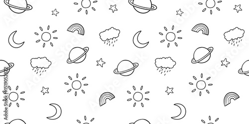 Seamless pattern with line sky, sun, moon and clouds. Vector outline monochrome doodle illustrations on white background for kids and nursery