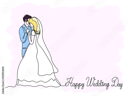 Happy wedding day greeting card. groom and bride in a wedding dress and veil. continuous single one line art drawing sketch, logo