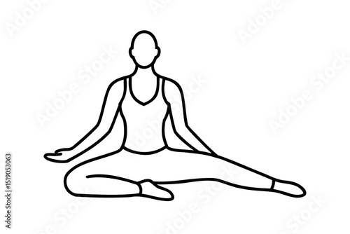 Woman in seated wide leg stretch yoga pose line art illustration