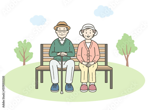 仲の良い老夫婦がベンチに座ってくつろいでいる全身イラスト
