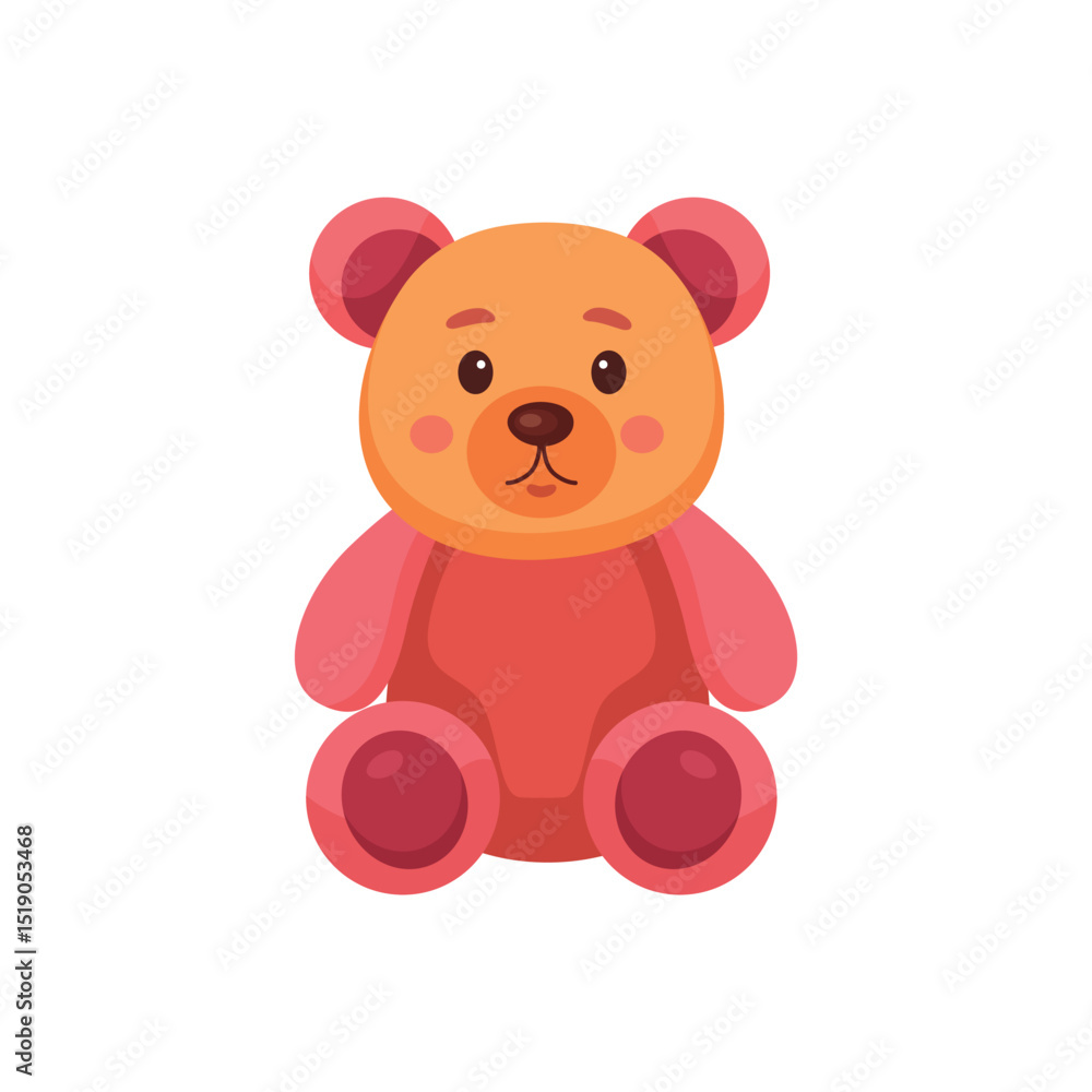 Obraz premium Bear plush cartoon character for kids, cute soft teddy toy illustration in flat kawaii style, sitting animal for children games, design, nursery poster, sticker, print, card, baby product