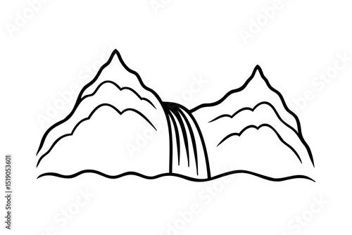 Majestic waterfall between two mountains simple line art illustration