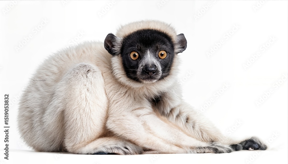 Naklejka premium monthold Crowned Sifaka Sitting Gracefully against a White Background, Capturing Innocence and Playfulness in Soft Lighting.