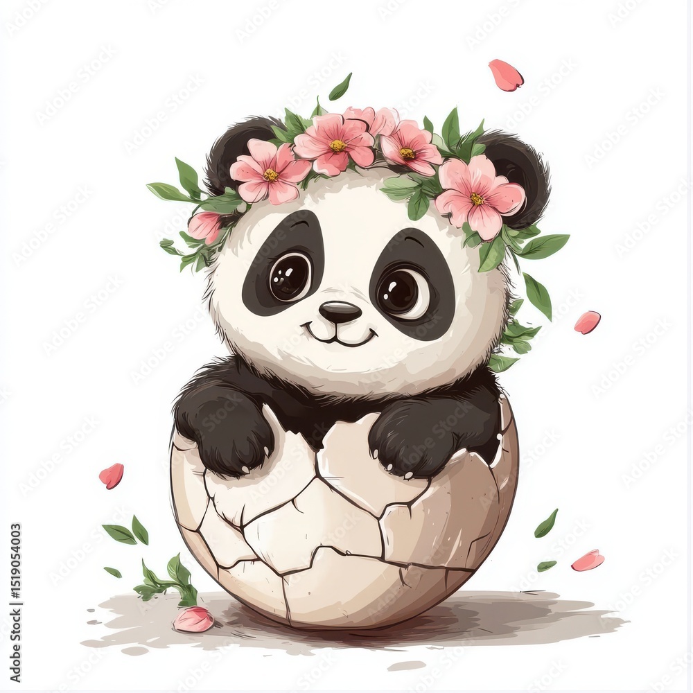 Adorable cartoon panda emerging from eggshell wearing floral wreath with soft pink petals Adorable cartoon panda emerging from eggshell wearing floral wreath with soft pink petals