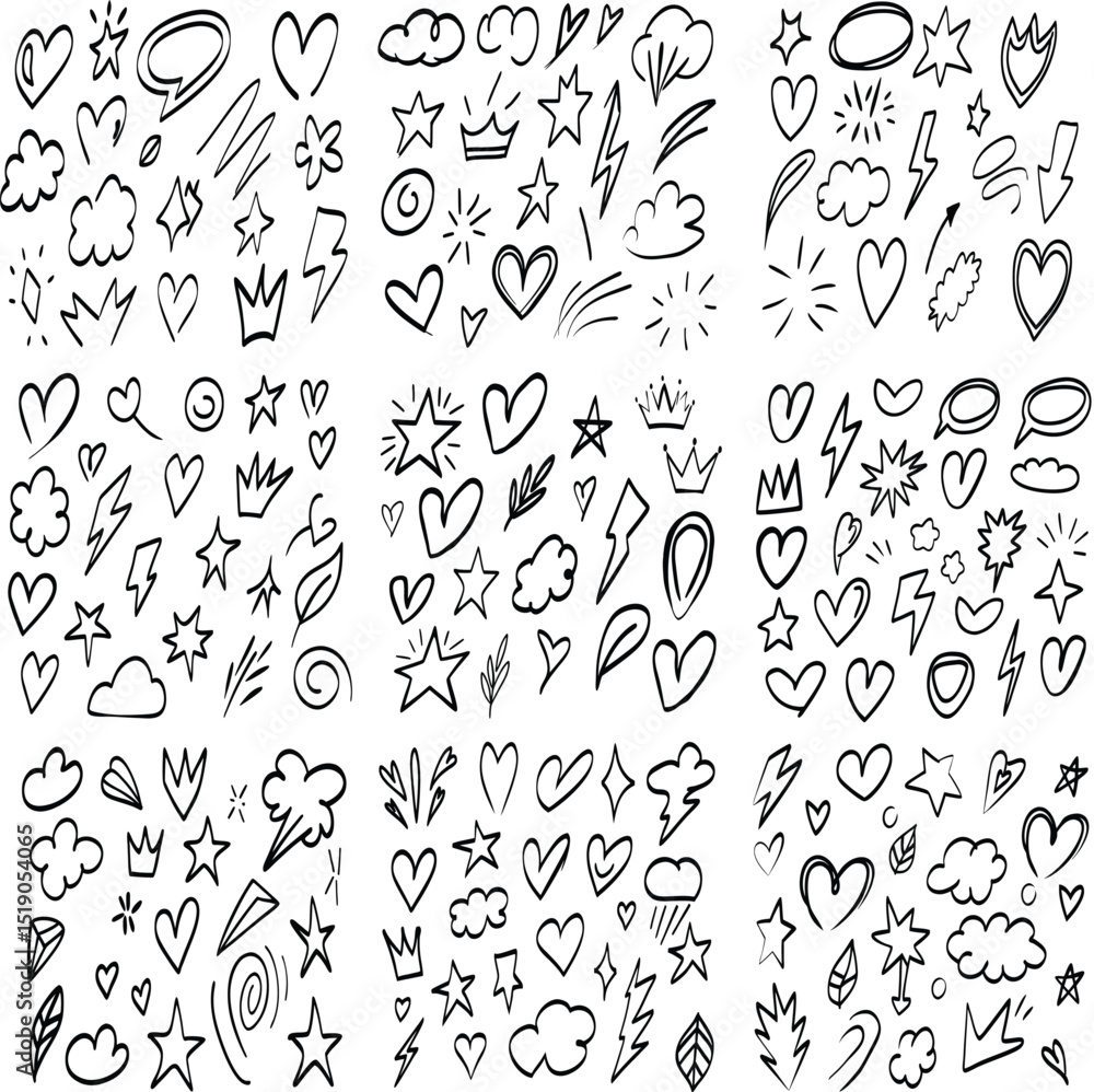 Fototapeta premium Hand drawn doodle set cute hearts stars crowns