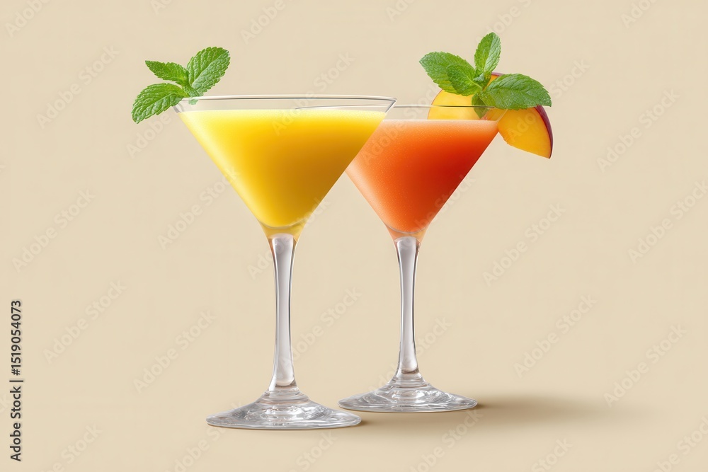 Fototapeta premium Elegant cocktail drinks featuring bright orange and peach hues served in stemmed glasses with fresh mint garnishes for a refreshing and sophisticated presentation