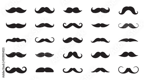 A diverse selection of black silhouette mustaches against a white background vector art