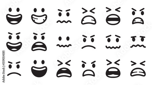 Collection of Black and White Emoticon Faces Showing Various Emotions vector art on white
