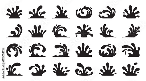 A set of black and white vector icons depicting various water splash and wave shapes vector art