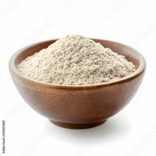 A bowl of fine, high-fiber psyllium powder neatly arranged, isolated on a clean white background