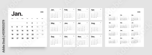 Monthly calendar layout for 2026 year. Planner Square diary for 2026 year. Week Starts on Monday. 