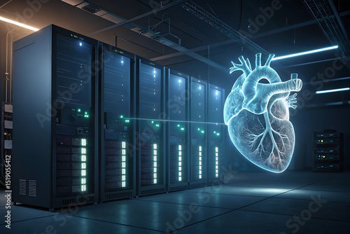 A Digital Heart Surrounded by Servers in Dark Room Represents Cutting Edge Medical Technology Research