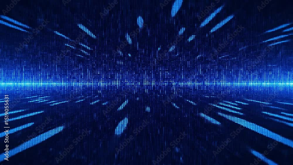 Low-resolution pixel glitch shifting a bright blue digital mesh background